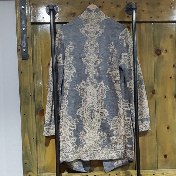 Chico's Gray and Cream Cardigan Sweater with Intricate Gold Shimmer Design - Picture 7 of 7